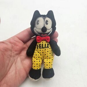 Felix The Cat Plush Stuffed Toy Mini Black Yellow Overalls Red Bow Vintage Cute